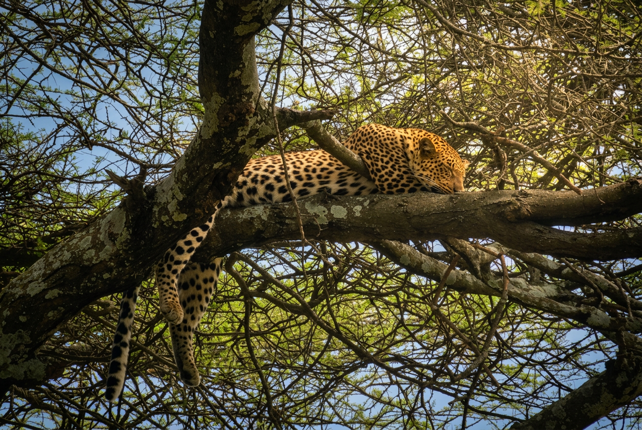 Leopard resting across an acacia branch in warm morning light
